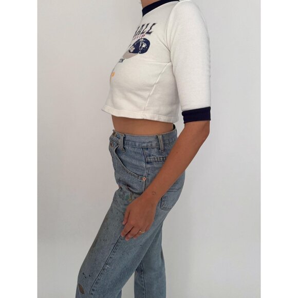 y2K vintage baseball varsity retro graphic boys cotton cropped tee shirt top - Picture 3 of 9